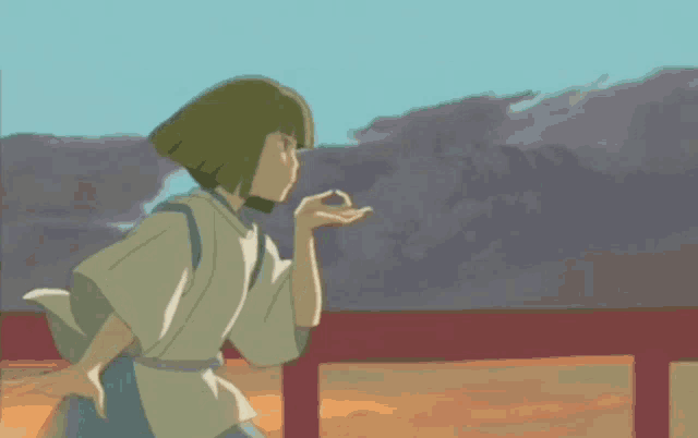 a cartoon of a boy blowing bubbles with a red railing in the background