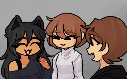 three cartoon characters are standing next to each other and one of them has a cat head