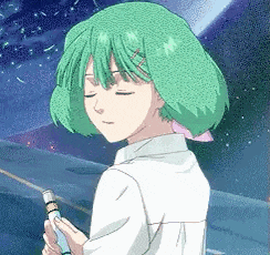 a pixel art of a girl with green hair holding a pen