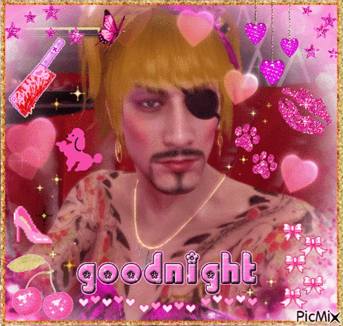 a picture of a man with hearts and the words goodnight written on it
