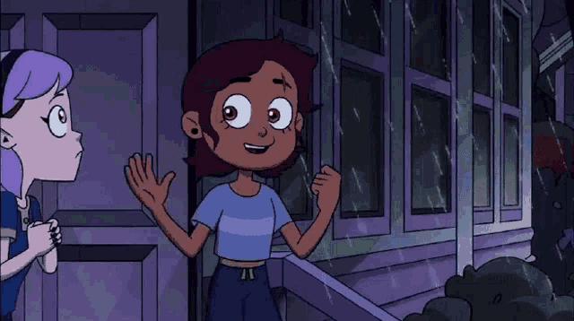 a cartoon girl is standing in front of a house in the rain .