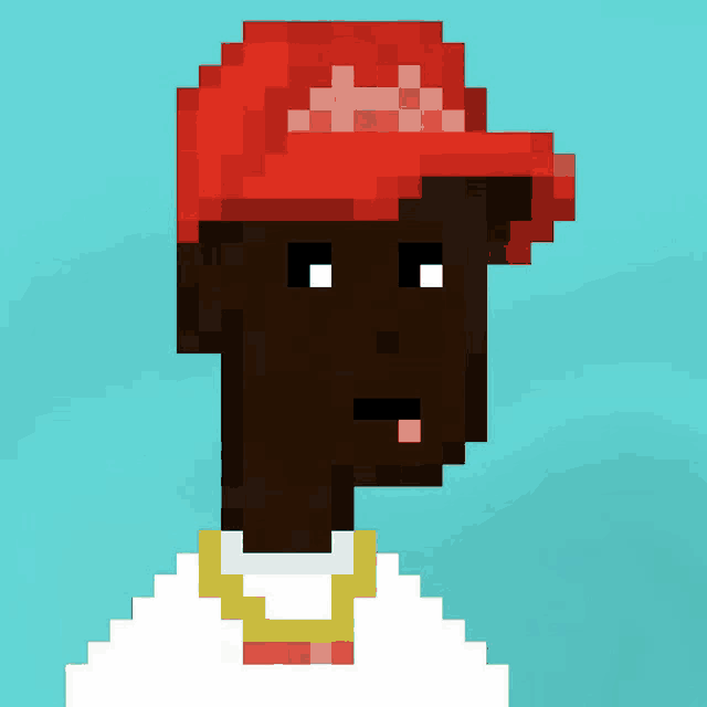 a pixel art drawing of a man wearing a red hat