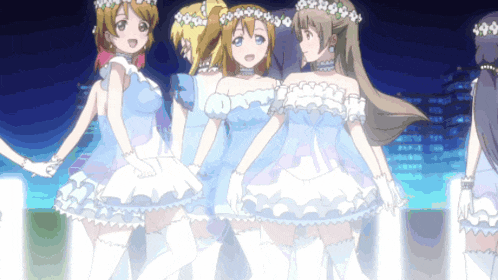 a group of anime girls are standing next to each other in white dresses