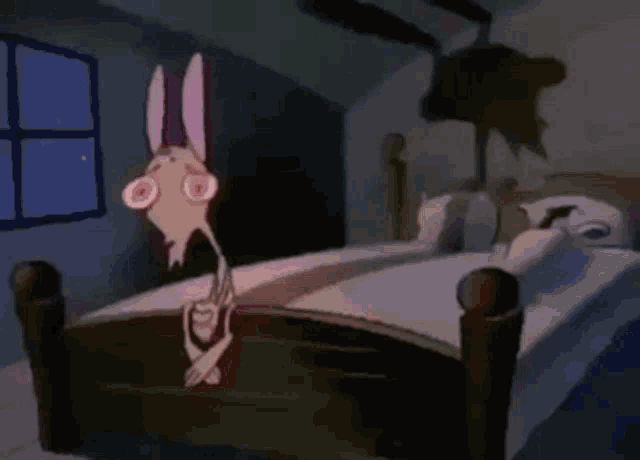 a cartoon rabbit is standing on a bed in a bedroom .
