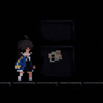 a pixel art drawing of a girl opening a refrigerator door