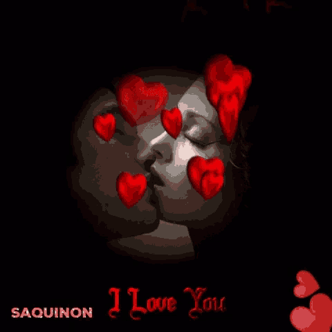 a black and white photo of a man and woman kissing surrounded by red hearts with the words " i love you " on the bottom