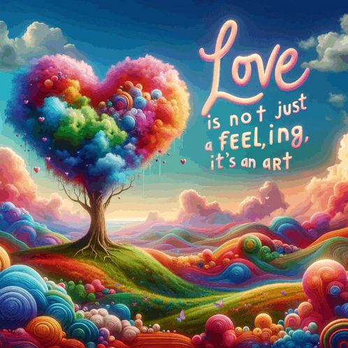 a colorful painting of a tree in the shape of a heart with the words love is not just a feeling it 's an art