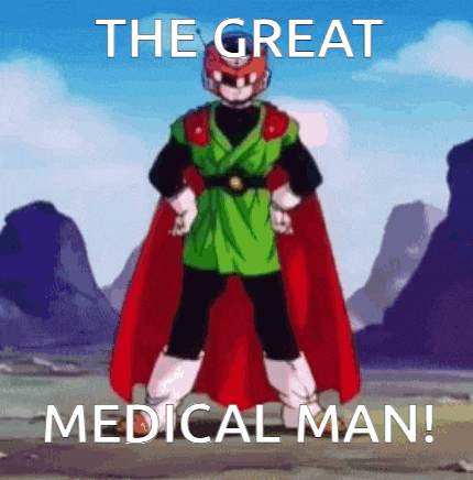 a cartoon character with a red cape and the words the great medical man on the bottom