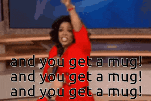 a woman in a red dress says " and you get a mug and you get a mug and you get a mug ! "