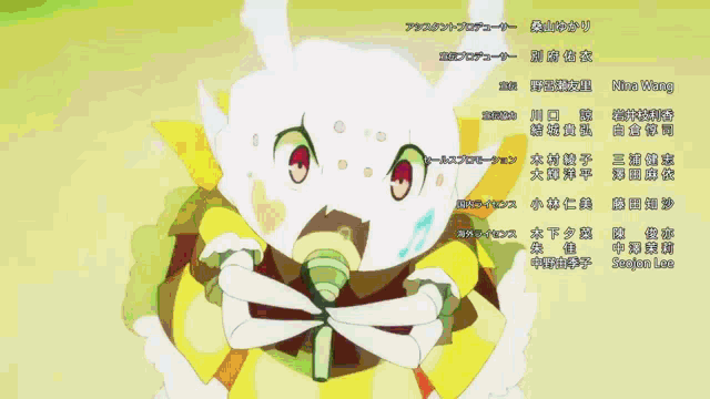 a cartoon character holding a microphone with chinese writing on the bottom right