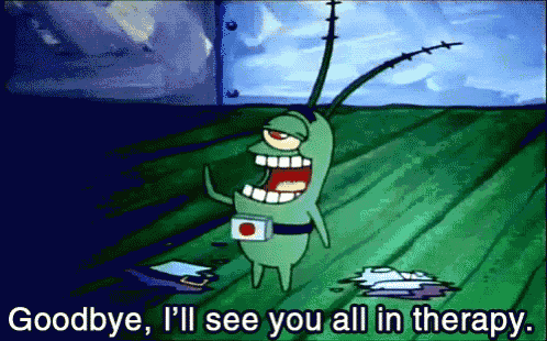 a cartoon character is saying goodbye and i 'll see you all in therapy