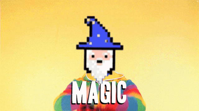 a pixel art of a wizard holding a rainbow with the word magic underneath him