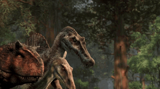 a couple of dinosaurs with their mouths open looking at the camera