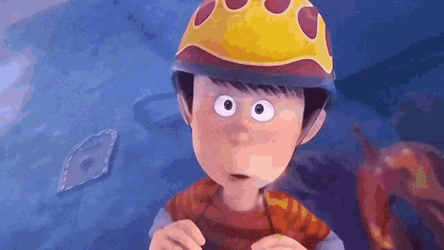 a cartoon character wearing a yellow helmet with a crown on it