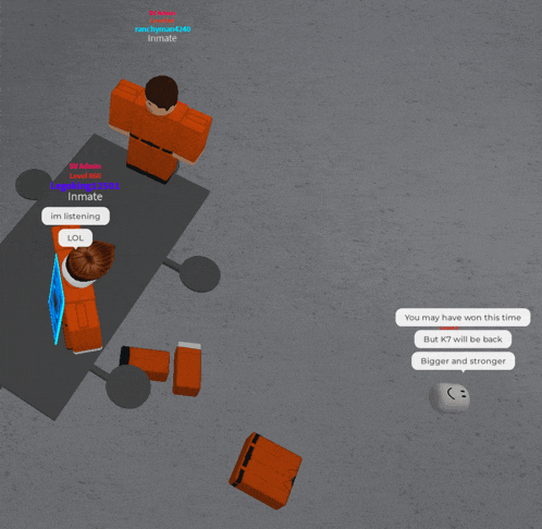 a screenshot of a roblox game shows a man in an orange jumpsuit talking to another man