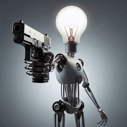 a robot with a light bulb head is pointing a gun