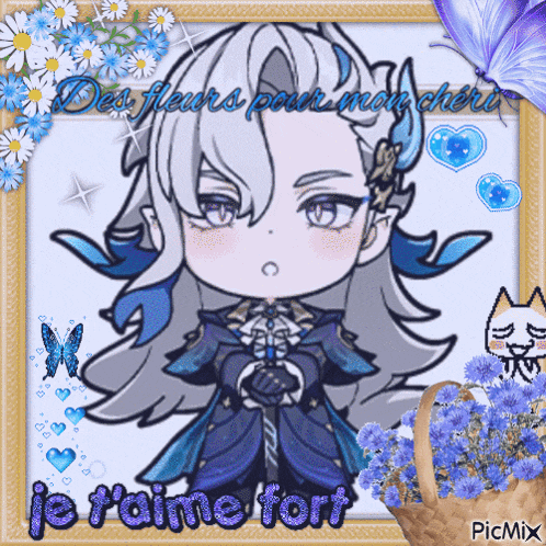 a picture of a girl with flowers and the words des fleurs pour mon cheri je t'aime fort
