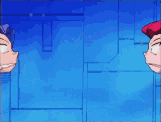 two cartoon characters are looking at each other with angry faces