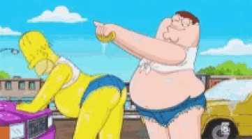 a cartoon of homer simpson and peter griffin having sex