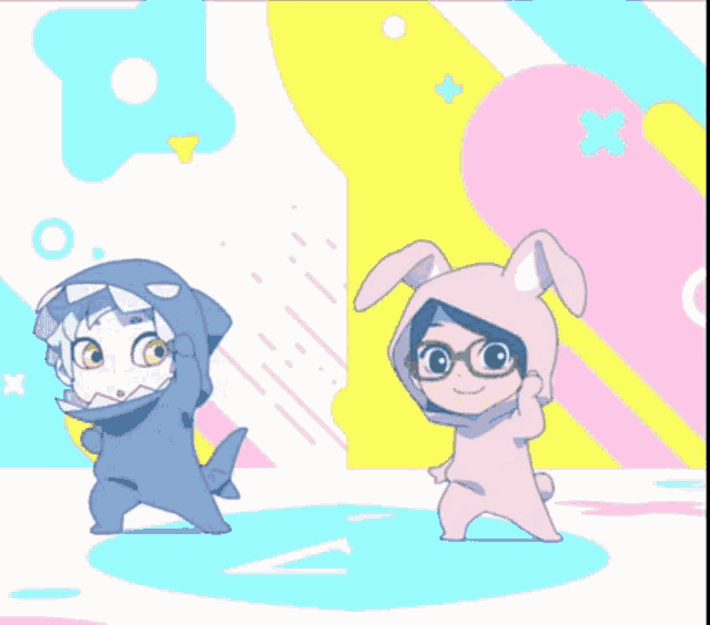 a cartoon drawing of a boy and a girl in bunny costumes
