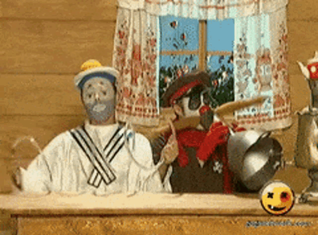 two cartoon characters are standing in front of a window with a smiley face in the foreground