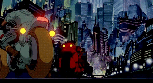 a cartoon of a man riding a motorcycle in a futuristic city at night