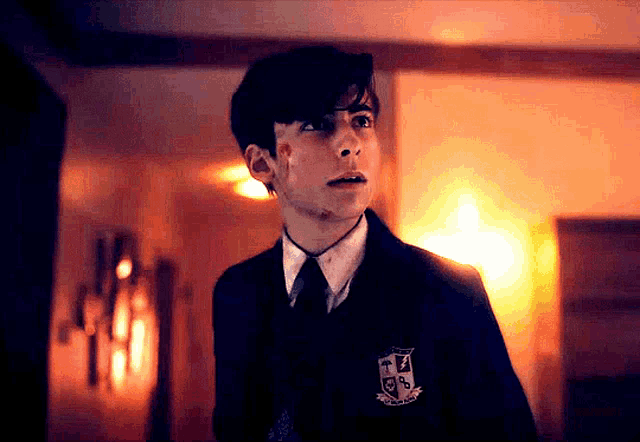 a young man wearing a suit and tie has a shield on his jacket