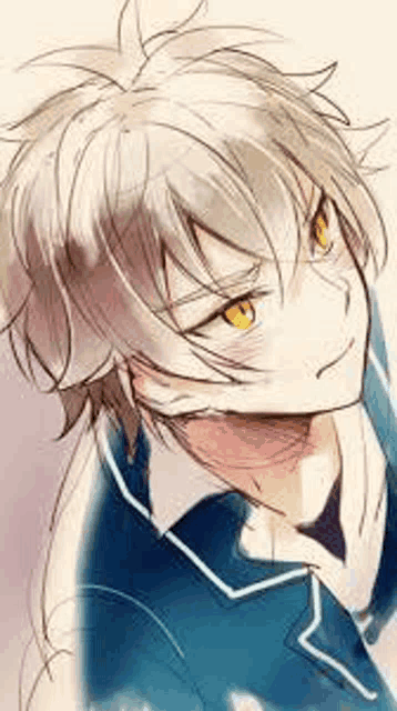 a drawing of a boy with white hair and yellow eyes in a blue suit .