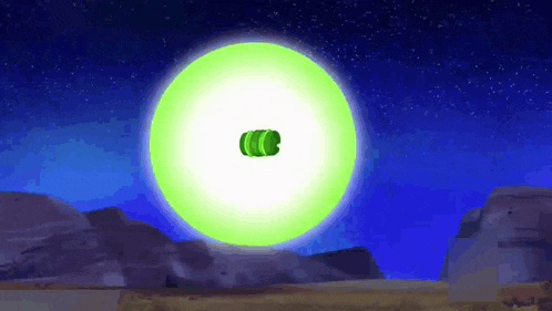 a green object is flying through the air in front of a large green circle .