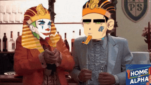 two cartoon characters standing next to each other with a box of home of alpha in the foreground