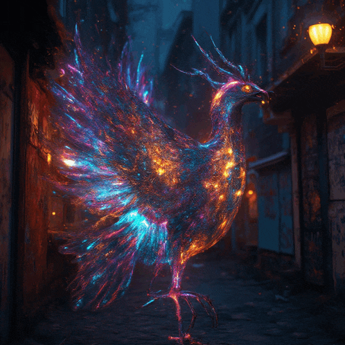 a colorful bird is standing in a dark alley