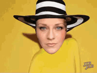 a woman wearing a black and white striped hat and a pink shirt has jub jab written on the bottom of her face