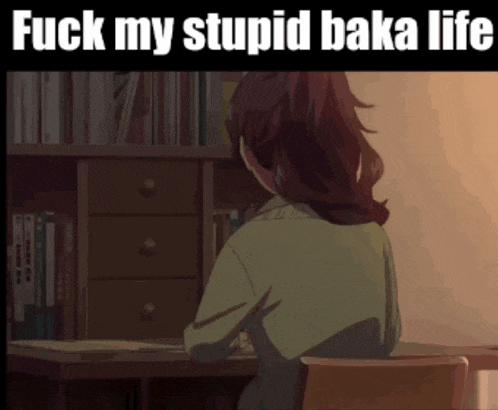 a cartoon of a woman sitting at a desk with the words fuck my stupid baka life above her