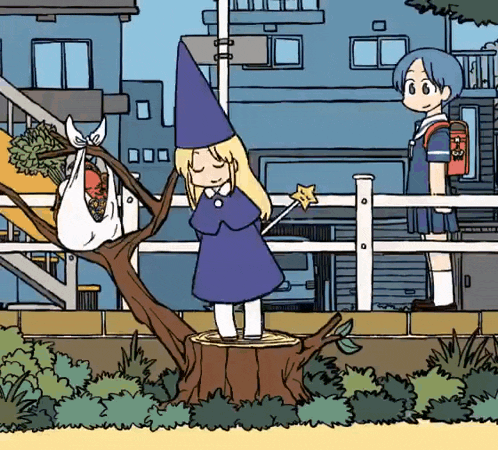 a cartoon of a girl standing on a tree stump holding a star wand