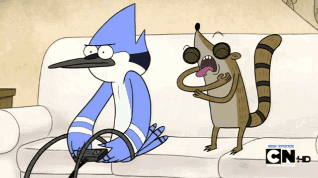 two regular show characters sitting on a couch with cn hd on the bottom