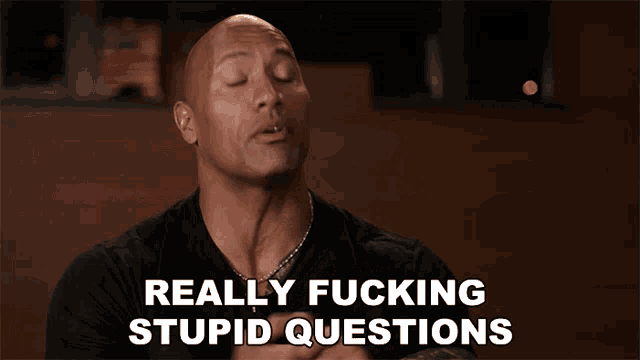 a bald man is smiling with the words " really fucking stupid questions " below him