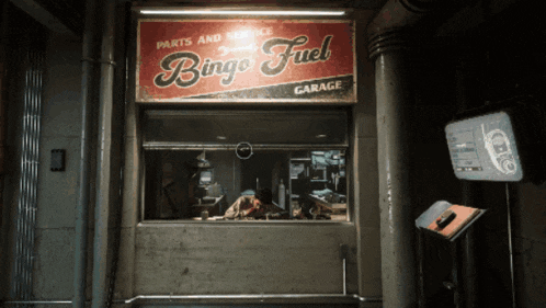 a garage with a sign that says bingo fuel on it