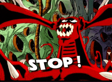 a cartoon drawing of a red monster with the word stop written below it