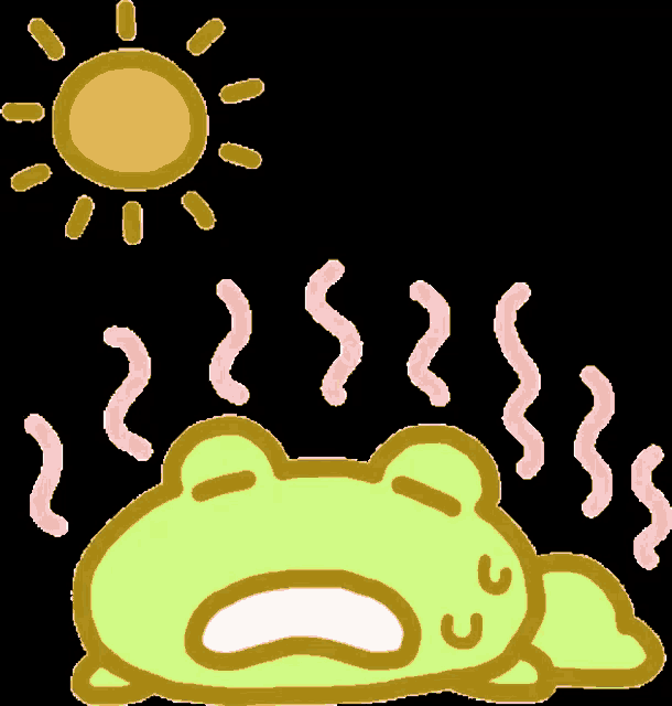 a cartoon of a frog laying under the sun with steam coming out of it 's mouth