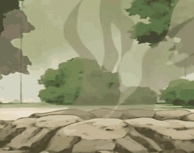 a painting of a forest with trees and rocks in the foreground