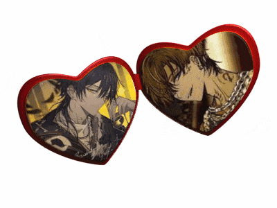 a pair of heart shaped sunglasses with a picture of a man