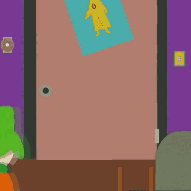 a cartoon character with a green hat is standing in front of a purple wall