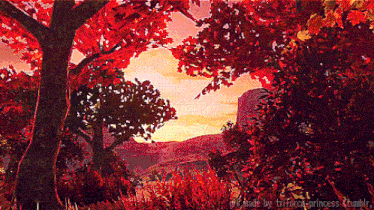a painting of trees with red leaves and the words made by triforce-princess.tumblr