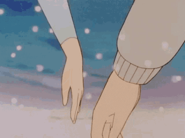 a couple of people are holding hands in the snow in a cartoon .