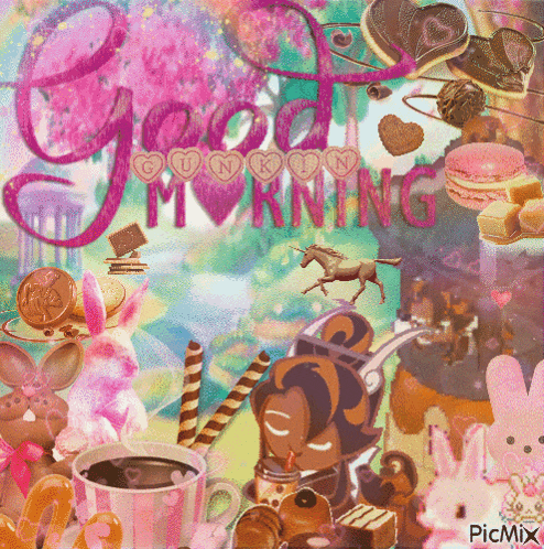 a colorful collage with the words good morning written in pink