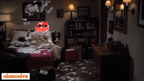a cartoon of a man sitting on a bed with a devil on his head and the words nick on it