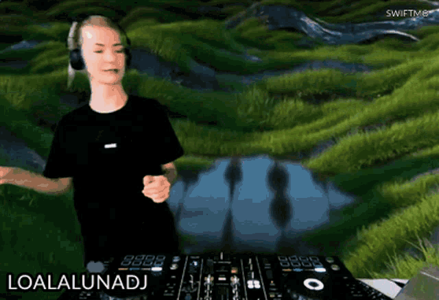 a woman wearing headphones and a black shirt is playing a dj set with the words loalalunadj below her