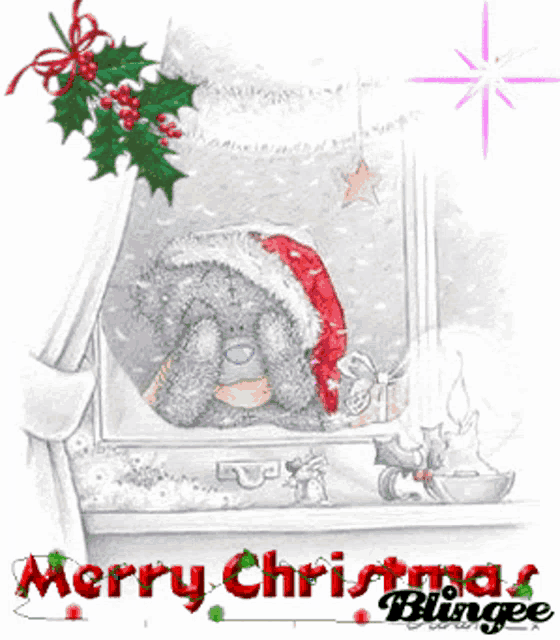 a teddy bear in a santa hat sits in a window with the words merry christmas blingee