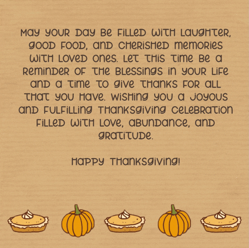 a card that says happy thanksgiving with pumpkins and pie on it