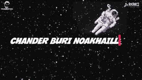 an astronaut is flying through space with the words `` kotha koibo mitmitai '' above him .